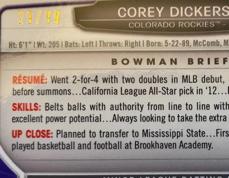 Corey Dickerson 2013 Bowman cromo refractor azul RC/99, SP, Rockies Foto 3 de 3