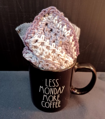 Gift Set - Graphic Coffee Mug - Hand Crochet Dish Cloth w/ Dish Towel