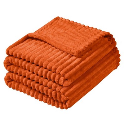 Burnt Orange Striped Flannel Fleece Twin Size Bed Blanket 300GSM 60x80 Inch