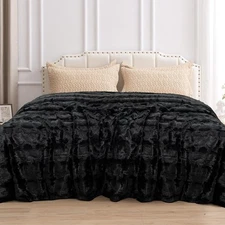 TOONOW Faux Fur Luxury Throw Blanket,Double Side X-Large Twin size, Black 