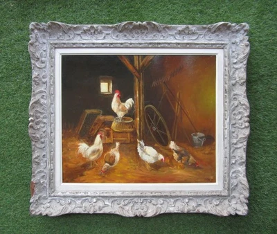 Grand et beau tableau coq poules poulailler huile sur toile cadre Montparnasse. - Photo 1/4