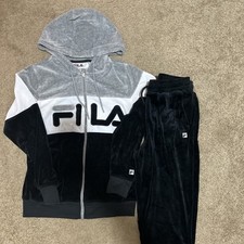 Fila Colorblock Velour Track Suit In Black White and Grey. Size Small