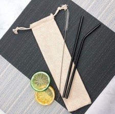 3pc Premium Stainless Steel Reusable Black Extra Long Straw, Brush & Eco Bag Set