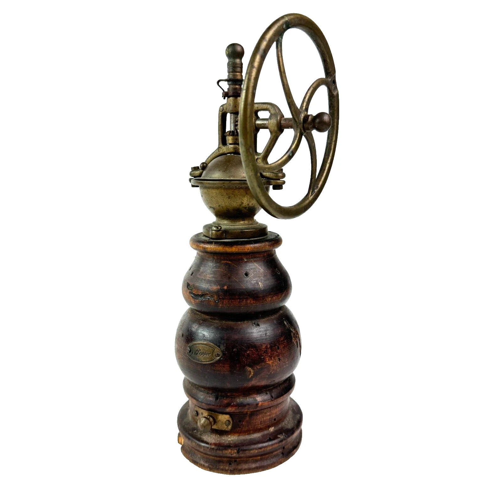Vtg Antique Pepper Mill Grinder Acciaio Temperato Italian Worm Wood Base 10in