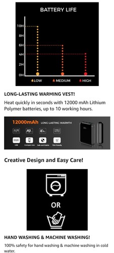 HENNCHEE Men Women XS/S HEATED LIGHTWEIGHT VEST+5V 12000mAh BATTERY BLACK Jacket - Picture 12 of 24
