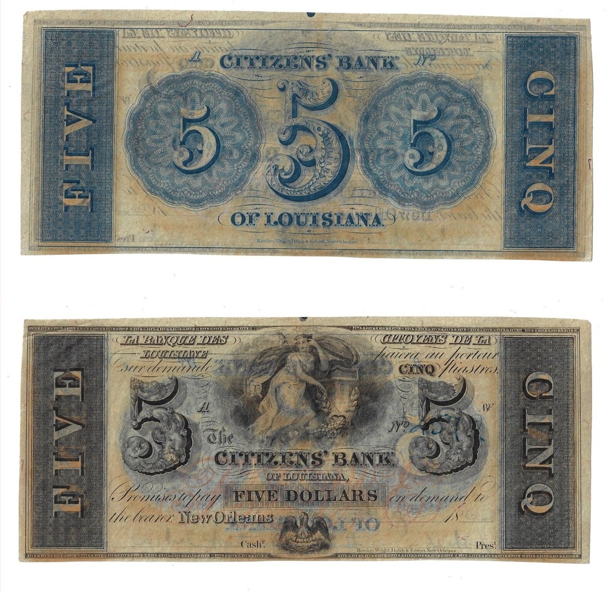 Dollars ND (1857-1899) Citizens' Bank Louisiana New Orleans Bilingual  Banknote