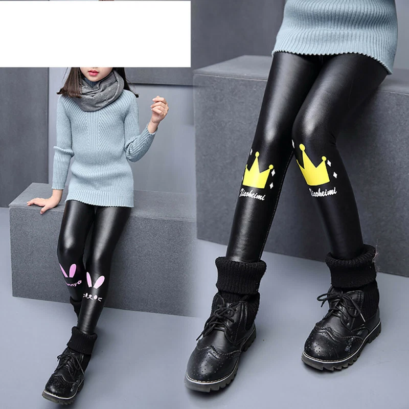 Kids Leggings Winter Warm Stretch Pants Girls Faux Leather Fleece Thick  Trousers