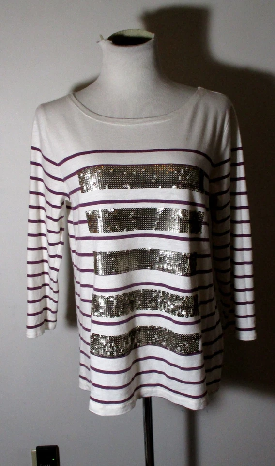 J. CREW White "Gold Sequin" 3/4 Sleeve Top Size L - Image 3 of 4