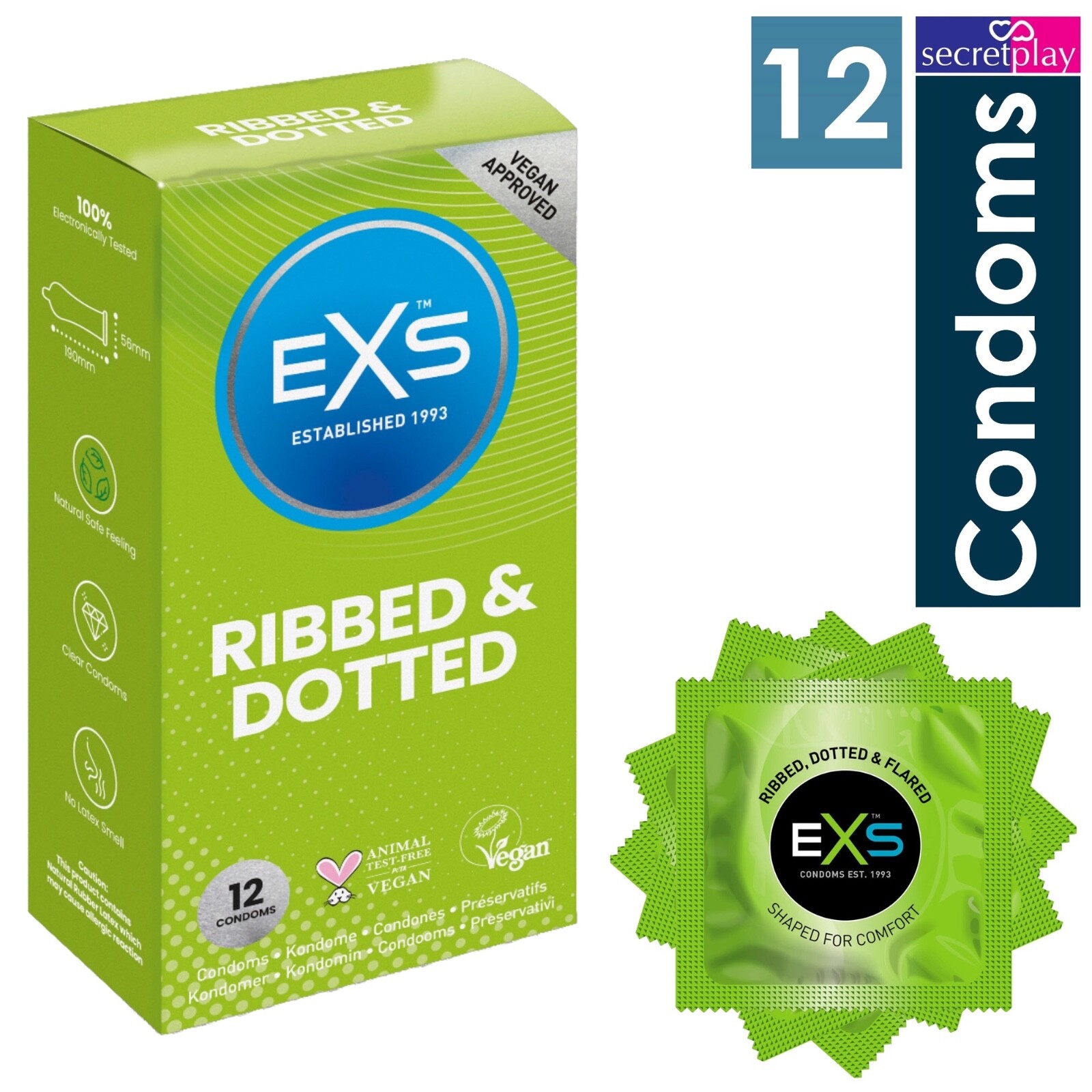 Exs Ribbed Dotted Flared Condoms Box of 12 | Vegan | Orgasmic Stimulation