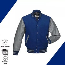 Varsity Letterman Baseball Jacket Genuine Gray Leather Sleeves and Royal wool