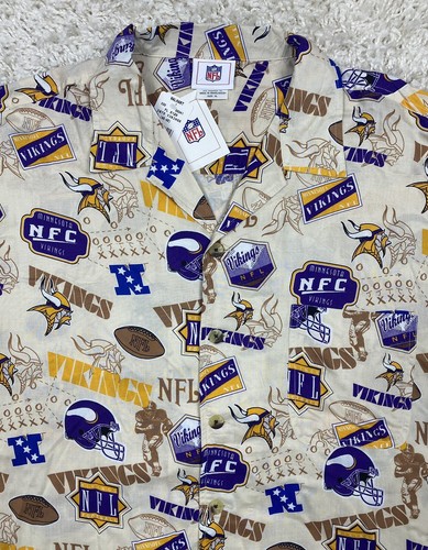New Vintage NFL Vikings Shirt Mens XL Beige Short Sleeve Button Down Camp Collar - Picture 3 of 12