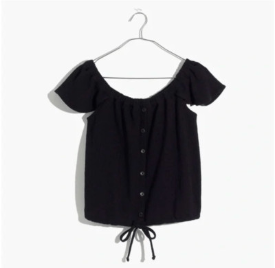 Madewell Texture & Thread Off The Shoulder Black Top with Tie Waist