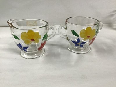 Cream & Sugar Set, Bartlett Collins. Clear Glass Orchard Pear Pattern Vintage.