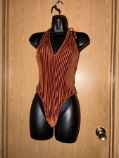 Zaful Women's Velvet Ribbed Bodysuit Size Small Burnt Orange Spaghetti Strap