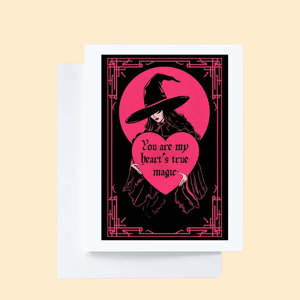 Juego de 5 tarjetas de felicitación rosa y negro bruja día de San Valentín con sobres Foto 2 de 4