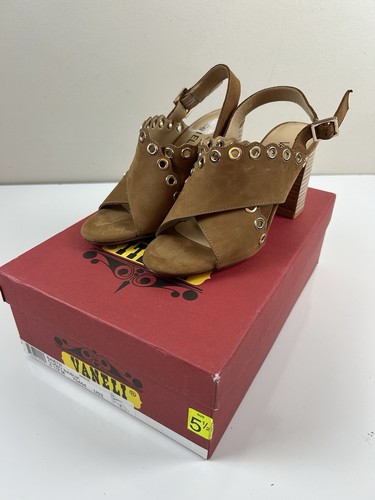 VANELI Barth Cuoio Nabuk Tan Strap Metal Gromets Slingback Block Heels Sz 5.5