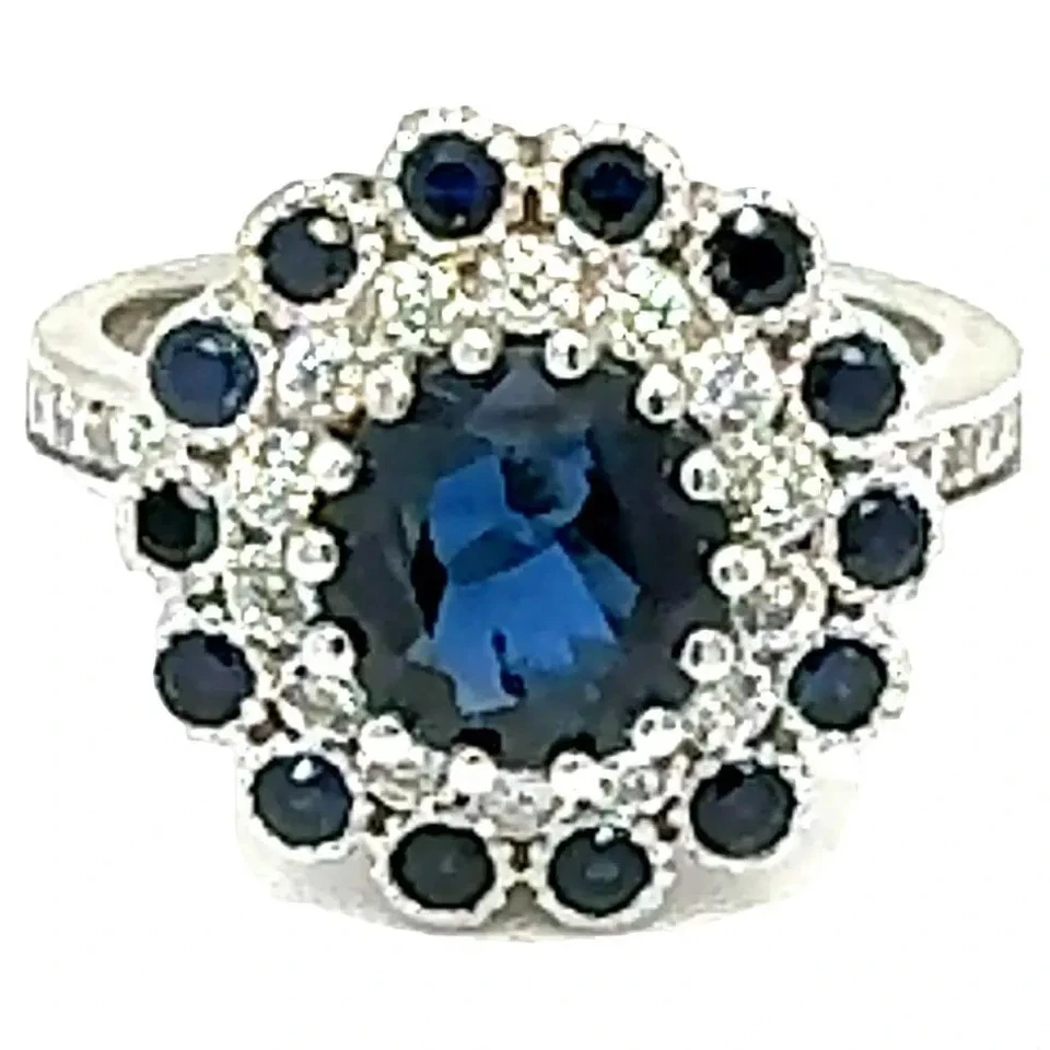 3Ct Round Cut Simulated Blue Sapphire/CZ Band Link Ring 14k White Gold Plated - Image 2 of 4
