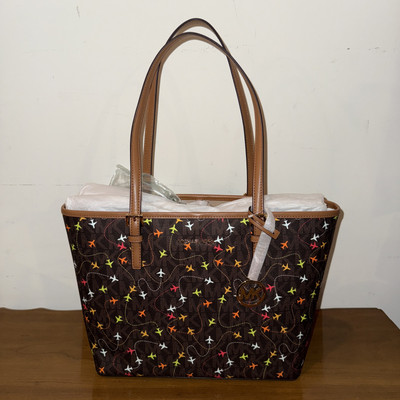 Michael Kors Jet Set Medium Carryall Airplane Print Tote Bag - Brown NWT