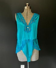 Vintage Maidenform Teal / Blue Nylon  Lace One-piece Lingerie Bodysuit Size M
