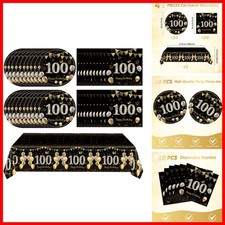Juhap 41Pcs 100th Birthday Decorations Black Gold - 20 Plates 20 Napkins 1