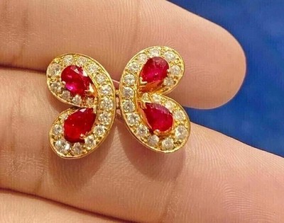 Pear Cut Lab Created Ruby Butterfly Women's Brooch Pin in 14K Yellow Gold Plated