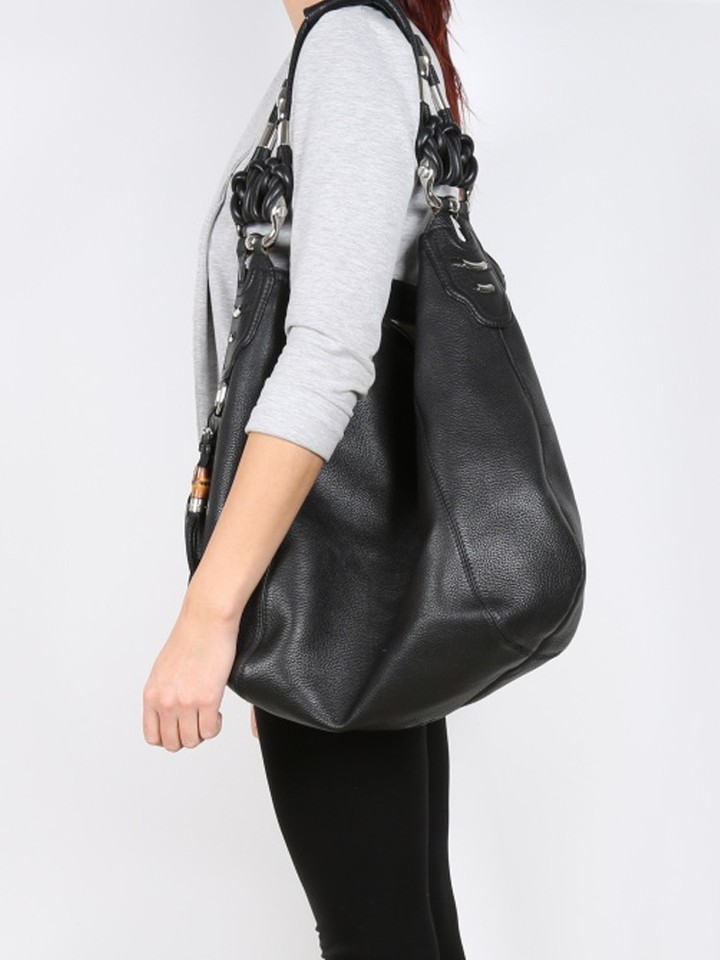 Gucci Techno Horsebit Black Pebbled Calfskin Slouch Hobo Bag Tassel X Large