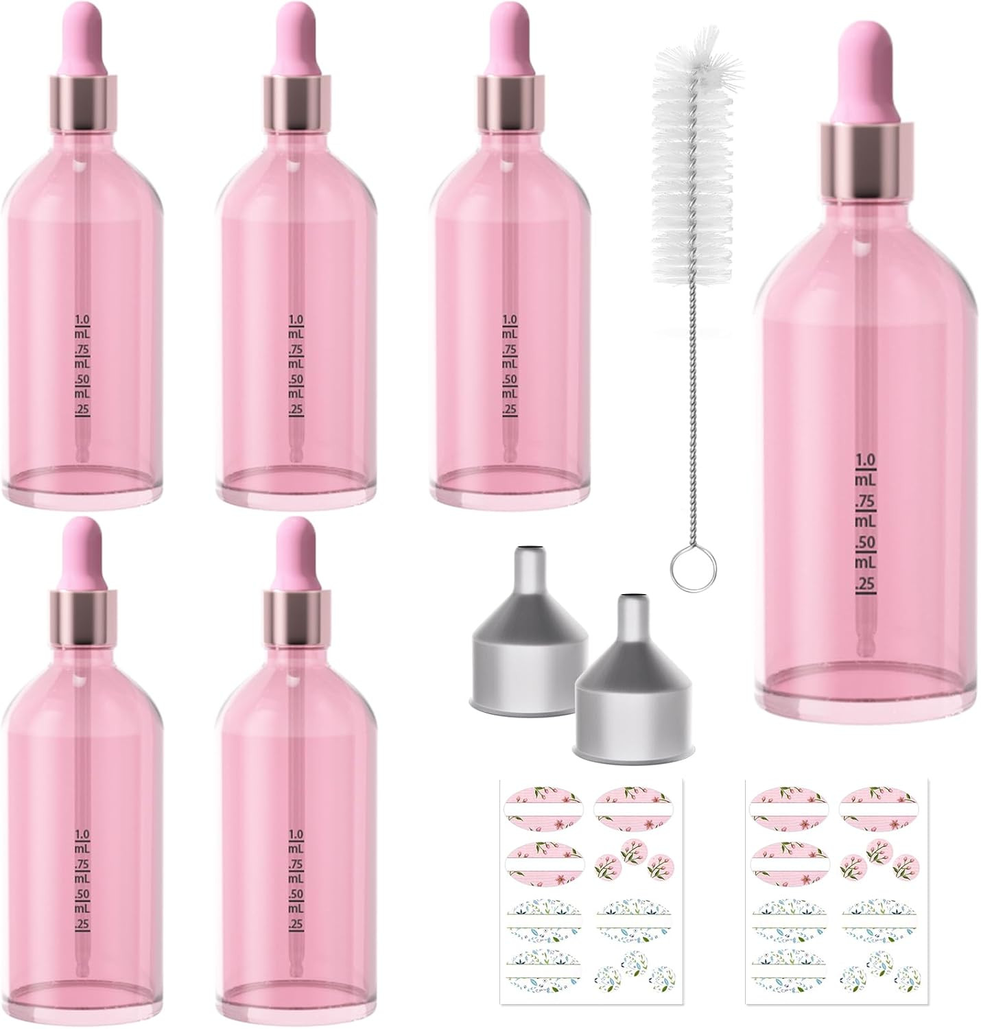 6 Pack Pink Glass Boston Bottles with Glass Scale Eye Droppers, Cosmetic Dropper