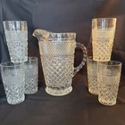 Set of 6 Vintage Anchor Hocking Glass Wexford 5 3/8” 11 Oz Tumblers & Pitcher