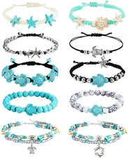 10 PCS Turtle Ankle Bracelets for Women Waterproof Handmade Starfish Sea Turtle 