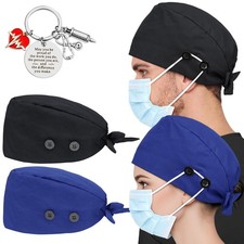 2 PCS Satin Lined Scrub Cap Nurse Hats For Women Men 4 Buttons Adjustable
