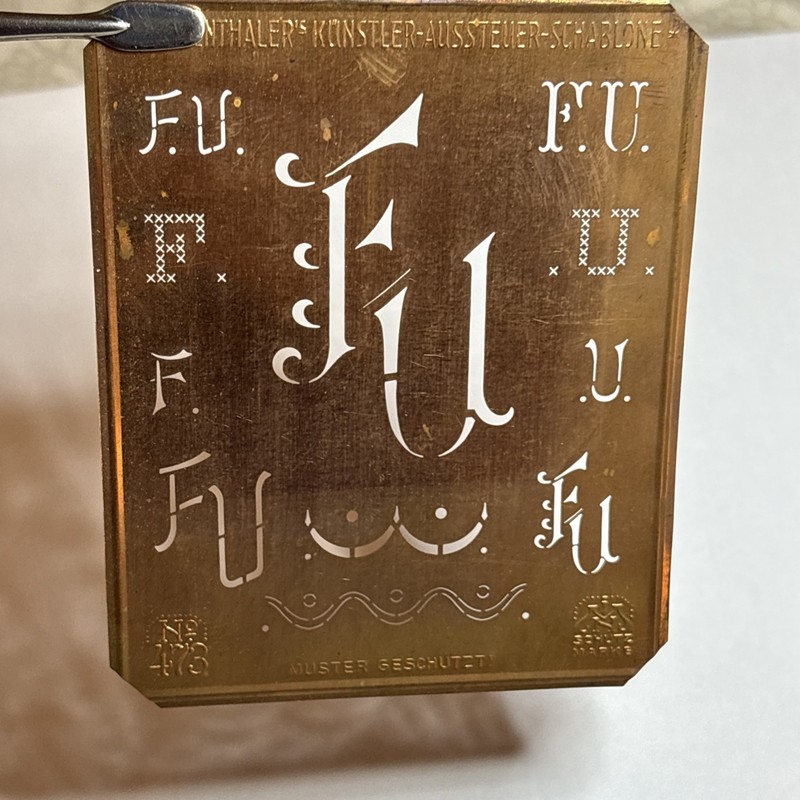 FU F U monogram initials letters copper stencil antique family tree name sign