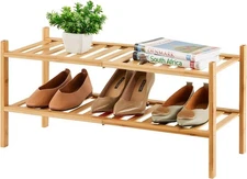 2-Tier Bamboo Shoe Rack for Entryway, Bamboo Wood Shoe Organizer for Hallway Clo