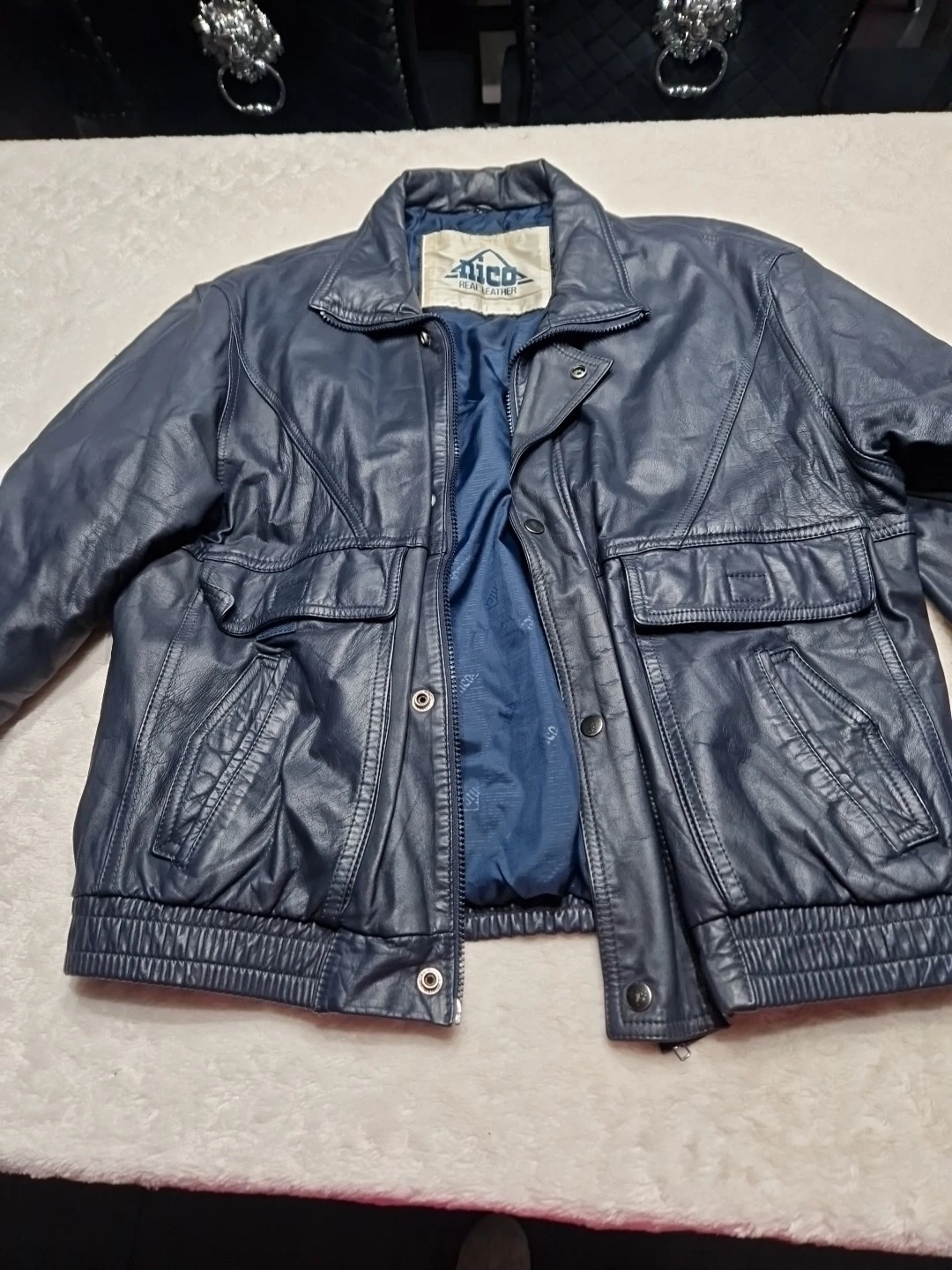 Vintage Nico Real Leather Jacket Mens 42 Blue Soft Bomber Coat Lined Biker Large