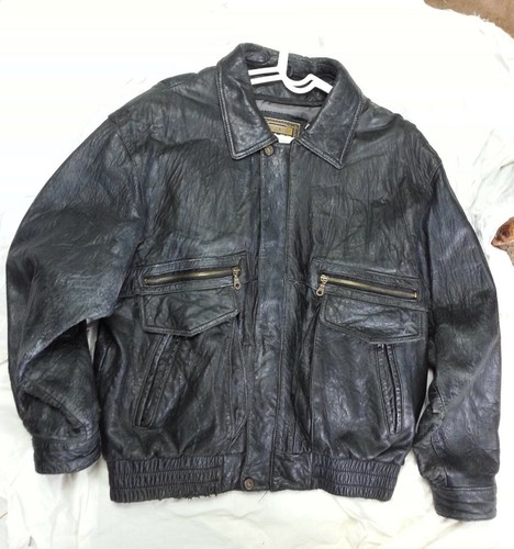 MEN'S ADLER SZ L EXTERIOR 4 POCKET/2 SNAP/ZIP FRONT BLACK LEATHER BOMBER JACKET - Picture 1 of 5