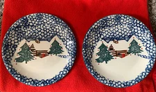 7.5” Folk craft cabin in the snow By TIENSHAN Salad/ Dessert plates￼. ￼Lot Of 2