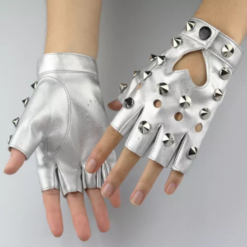 Women Faux Leather Fingerless Gloves Gothic Half Finger Stud Rivet Punk Gloves-- - Picture 6 of 29