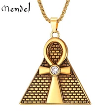 MENDEL Mens Gold Plated Hip Hop CZ Ankh Pyramid Pendant Necklace Stainless Steel