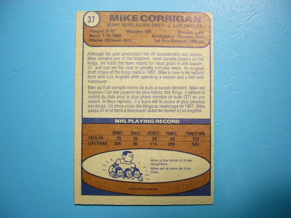 1974/75 O-PEE-CHEE NHL HOCKEY CARD #37 MIKE CORRIGAN EX/NM SHARP!! 74/75 OPC - Image 2 of 2