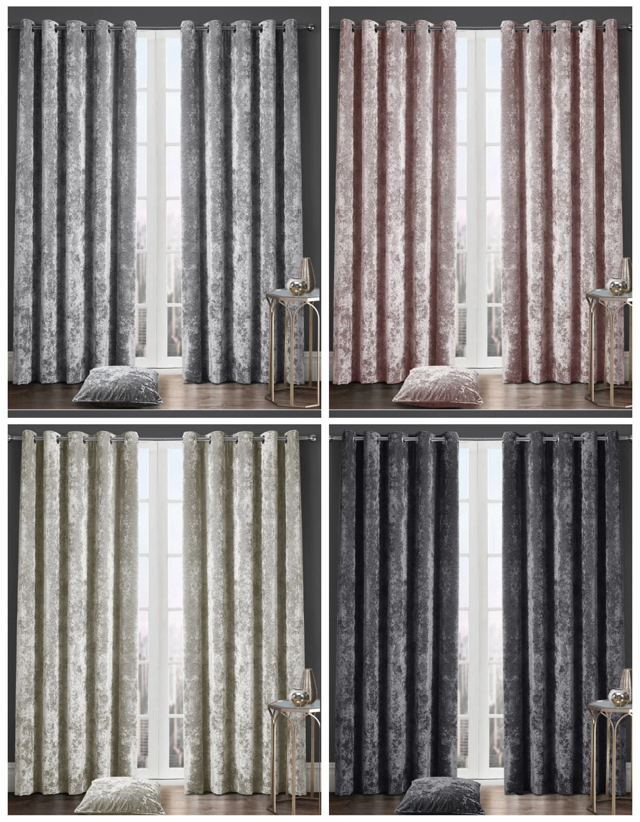 Crushed Velvet Curtains Ring Top Eyelet Ready Made Fully Lined Pair Curtains