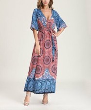 Women V-Neck Split Boho Maxi Wrap Summer Dress Size M with Belt