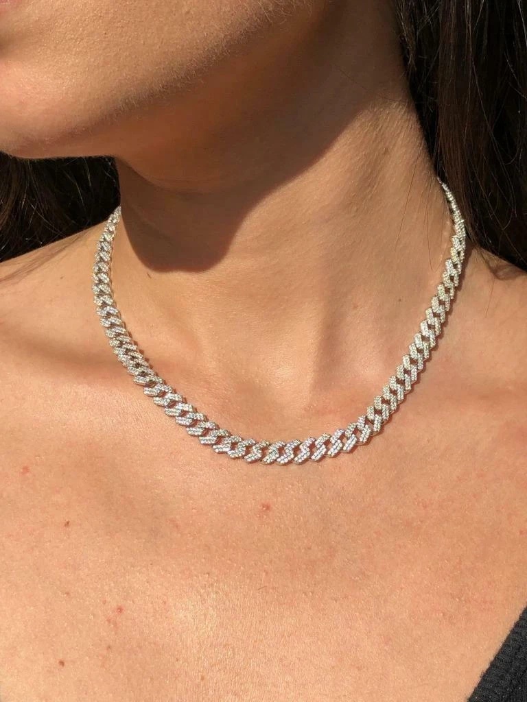 Platinum Sterling Silver Pave White Sapphire Cuban Link Tennis Necklace 14