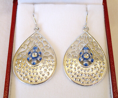 925 Silver Pendant Earrings, with Blue and Crystal Enamel, Handmade