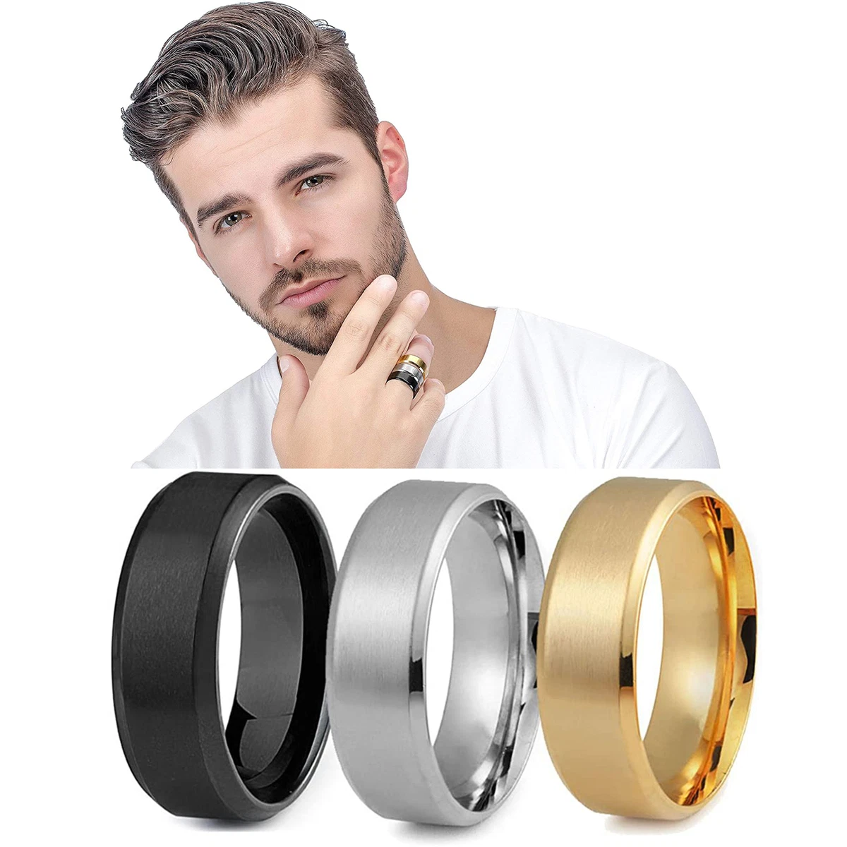 Stainless Steel Rings for Men Wedding Ring Cool Simple Band 8mm Width 3Pcs  A Set