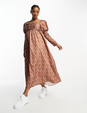 The Frolic Womens Exclusive Autumn Floral Print Puff Sleeve Maxi Dress In Brown