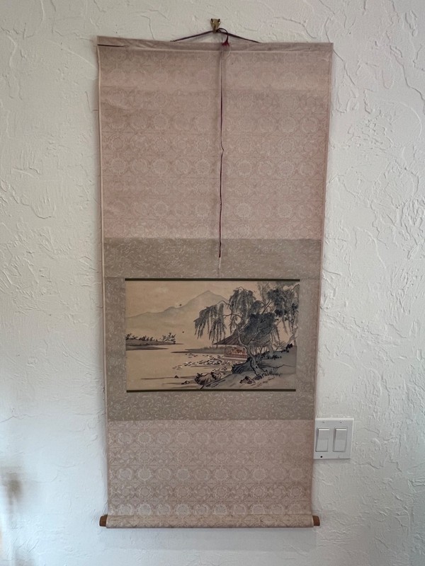 Antique Chinese scroll painting of House On A Lake 46”x21”  Very Nice