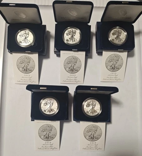 5 2019-S Enhanced Reverse Proof Silver American Eagles with COA'S