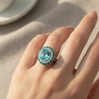 925 Sterling Silver Ring Sea Blue Aquamarine 6.02Ct Handmade Double Halo Jewelry
