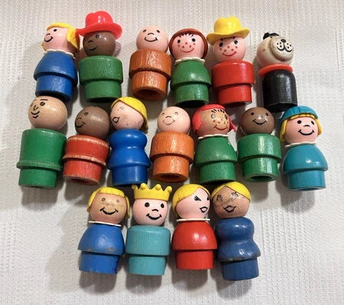 Vintage Fisher Price Little People Lot of 17 Wooden Figures