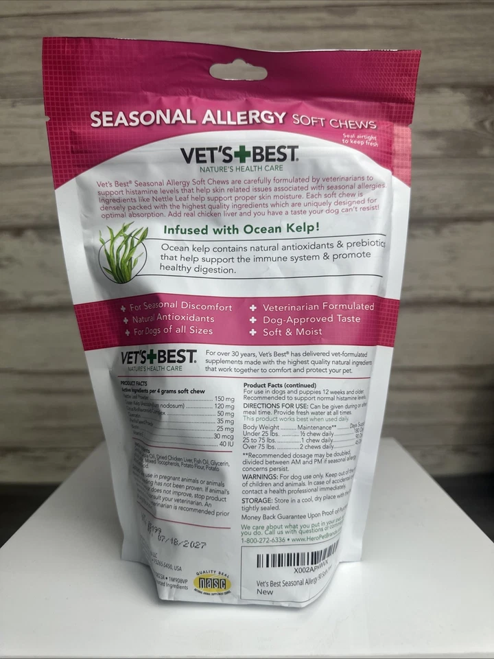 Vet's Best ALERGIA ESTACIONAL MASTICABLE SUAVE Suplementos Perros Niveles de histamina 90ct Foto 2 de 3