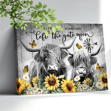 Farmhouse Highland Cow Wall Art Rustic Sunflower Butterfly Cow Pictures Wall ...